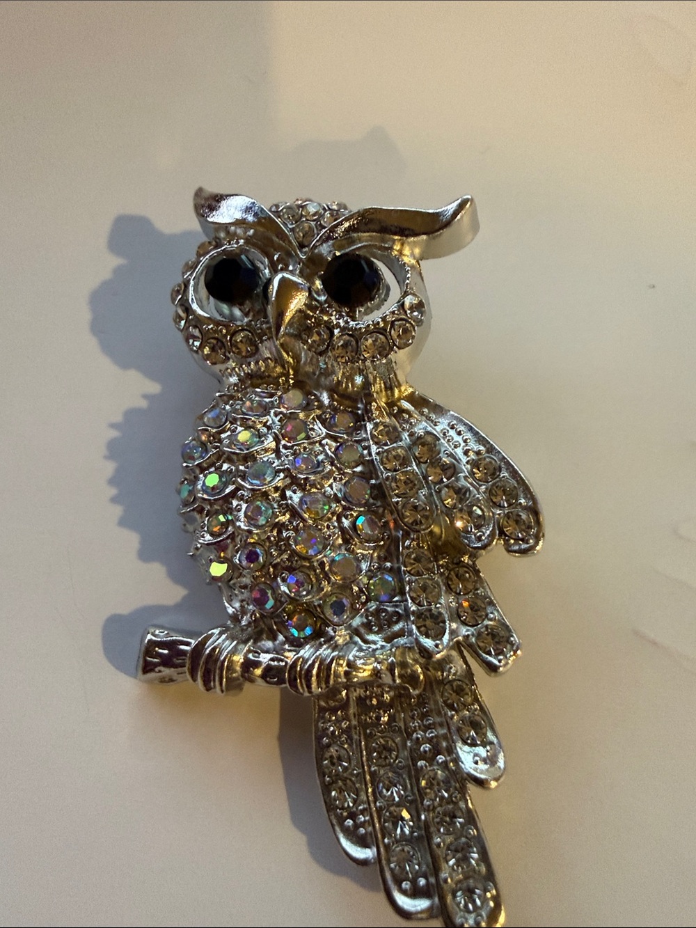 Silver Crystal Owl Brooch - Silver